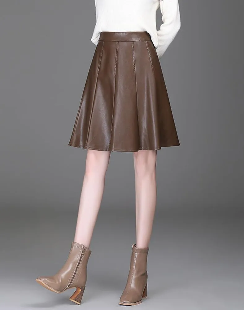chouyatou Women's High Waisted Faux Leather Pleated Skirt A Line Knee Length Business Casual Midi Skirt
