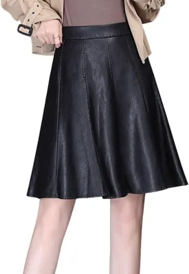 chouyatou Women's High Waisted Faux Leather Pleated Skirt A Line Knee Length Business Casual Midi Skirt