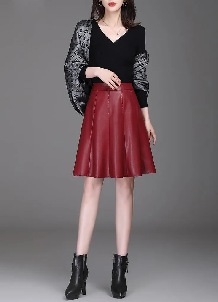 chouyatou Women's High Waisted Faux Leather Pleated Skirt A Line Knee Length Business Casual Midi Skirt