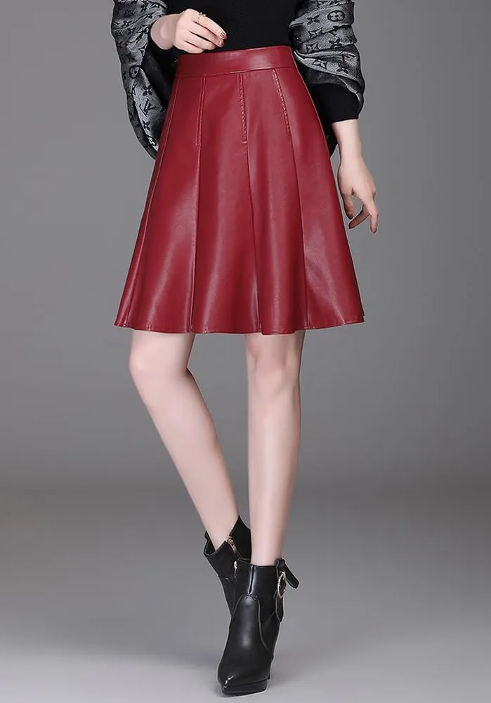 chouyatou Women's High Waisted Faux Leather Pleated Skirt A Line Knee Length Business Casual Midi Skirt