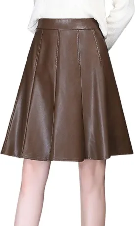 chouyatou Women's High Waisted Faux Leather Pleated Skirt A Line Knee Length Business Casual Midi Skirt