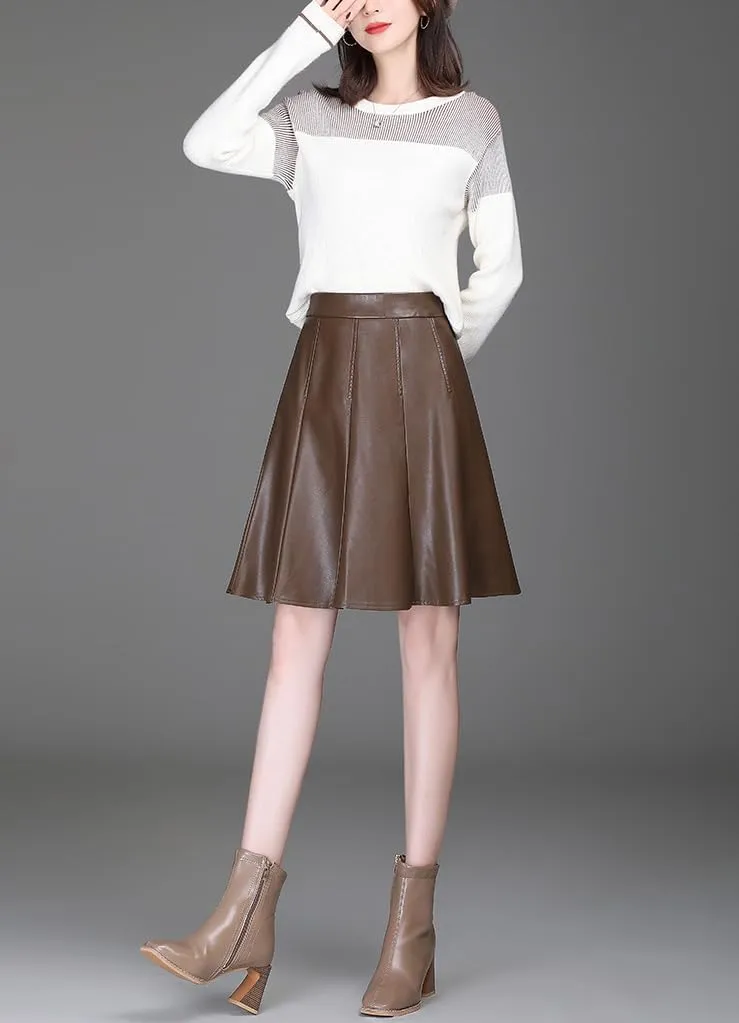 chouyatou Women's High Waisted Faux Leather Pleated Skirt A Line Knee Length Business Casual Midi Skirt