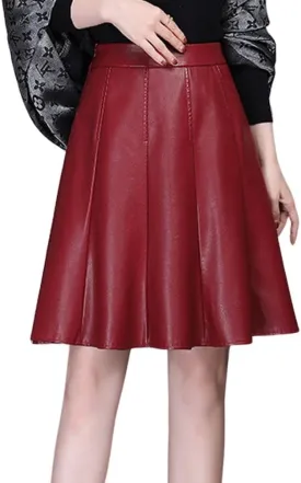 chouyatou Women's High Waisted Faux Leather Pleated Skirt A Line Knee Length Business Casual Midi Skirt
