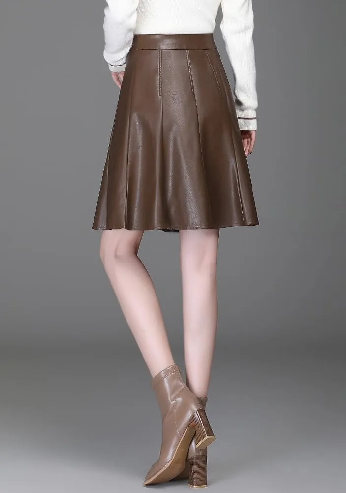chouyatou Women's High Waisted Faux Leather Pleated Skirt A Line Knee Length Business Casual Midi Skirt