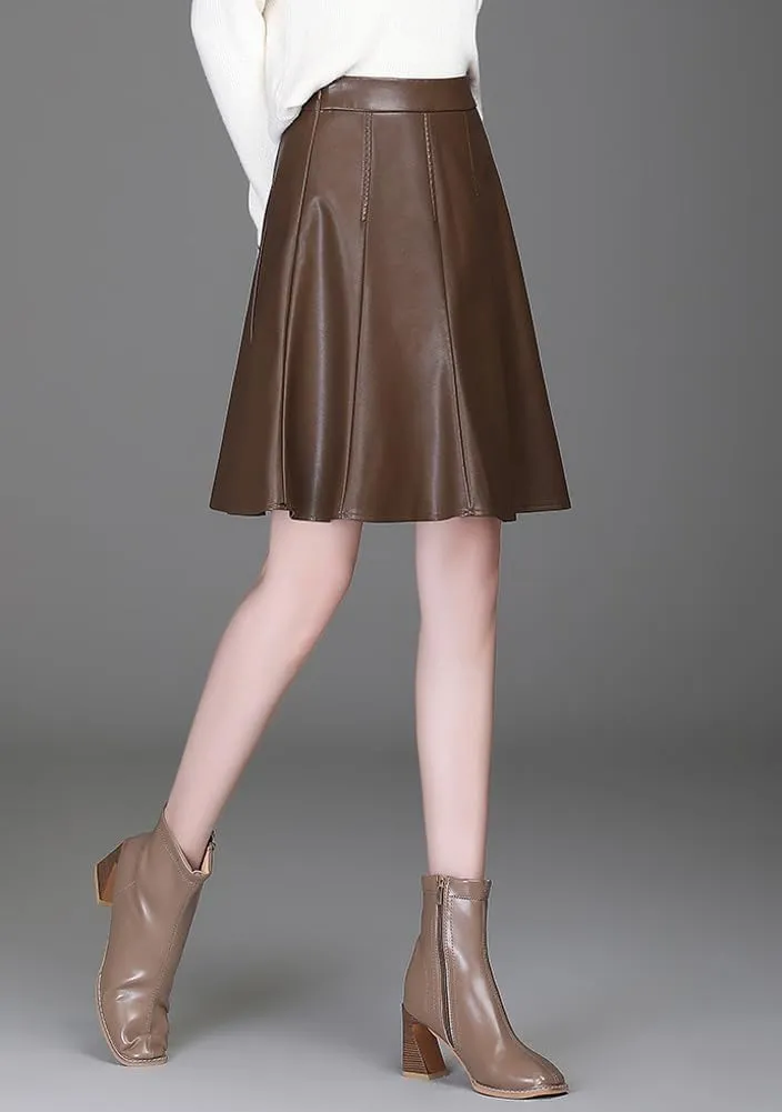 chouyatou Women's High Waisted Faux Leather Pleated Skirt A Line Knee Length Business Casual Midi Skirt