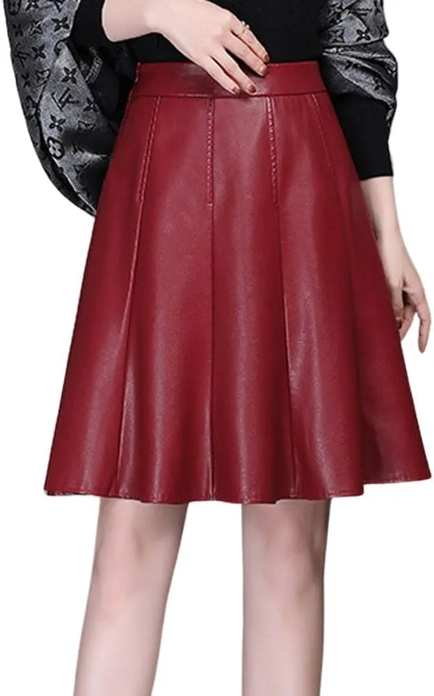 chouyatou Women's High Waisted Faux Leather Pleated Skirt A Line Knee Length Business Casual Midi Skirt