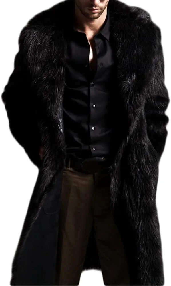 Colf Men's Winter Long Sleeve Turn Collar Faux Fur Coat Outwear Long Parka Jacket Overcoat