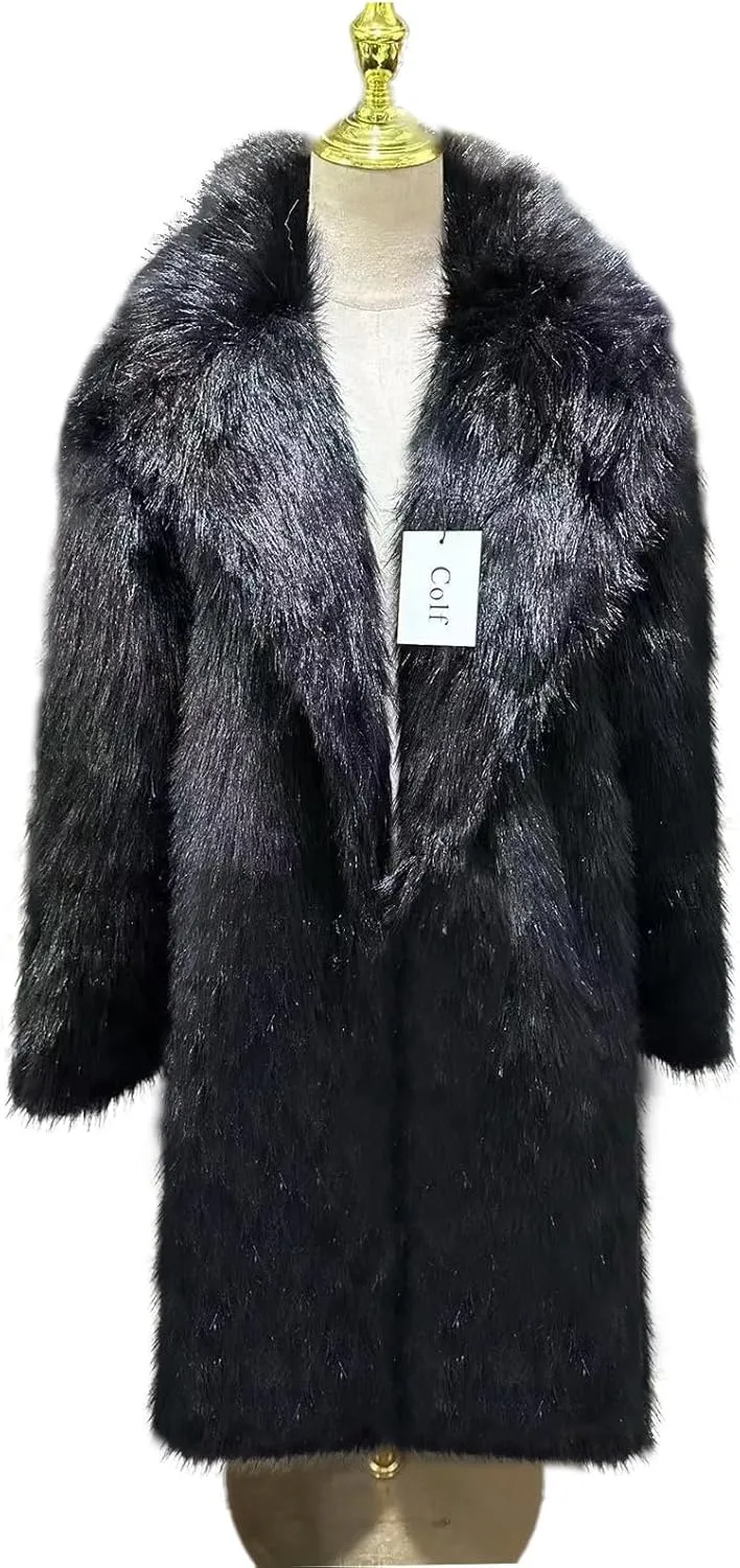 Colf Men's Winter Long Sleeve Turn Collar Faux Fur Coat Outwear Long Parka Jacket Overcoat