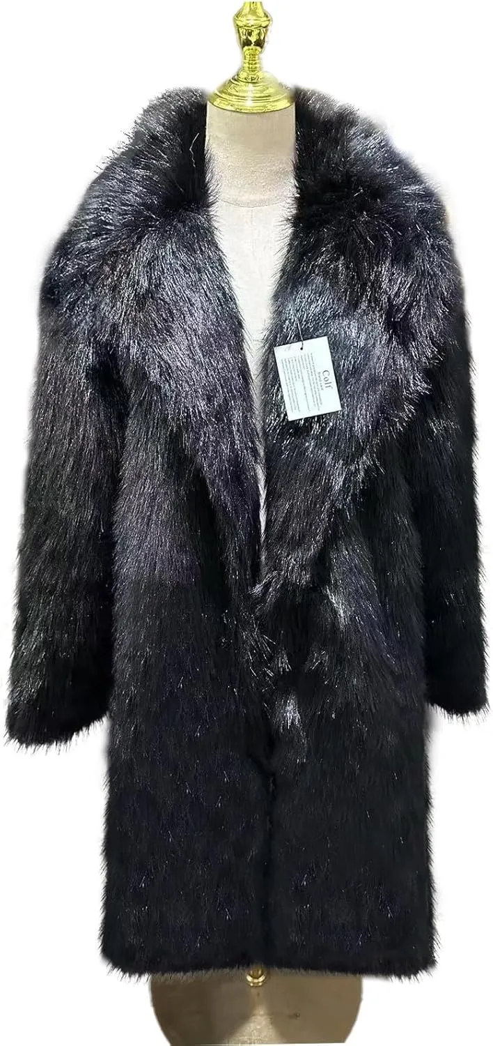 Colf Men's Winter Long Sleeve Turn Collar Faux Fur Coat Outwear Long Parka Jacket Overcoat