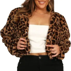 CORIRESHA Women's Fashion Leopard Faux Fur Coat Winter Warm Crop Fleece Jacket