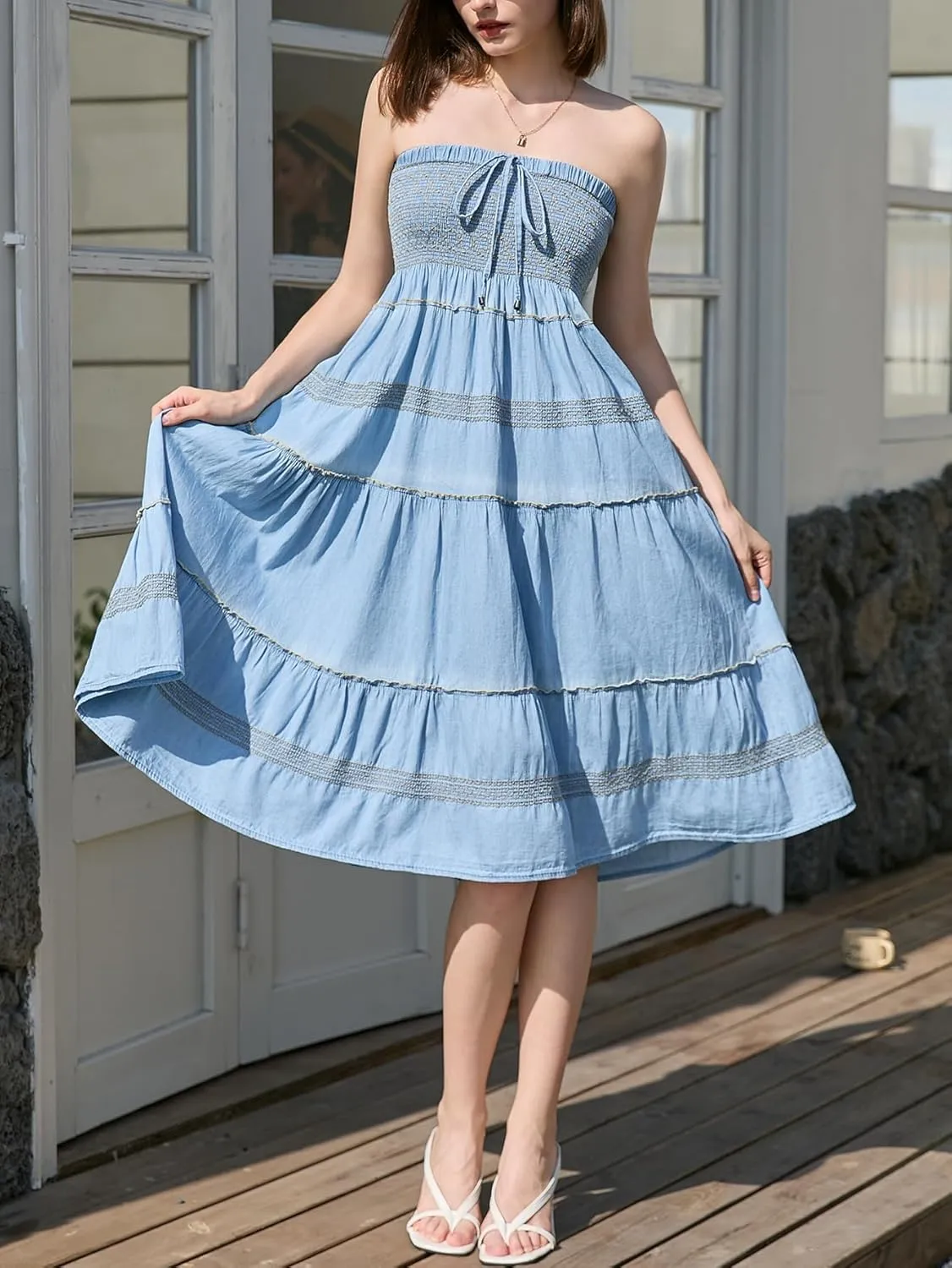 DREFBUFY Maxi Skirt Womens High Waist Pleated Tiered Long Skirts Denim Casual Style Midi Dress for Women