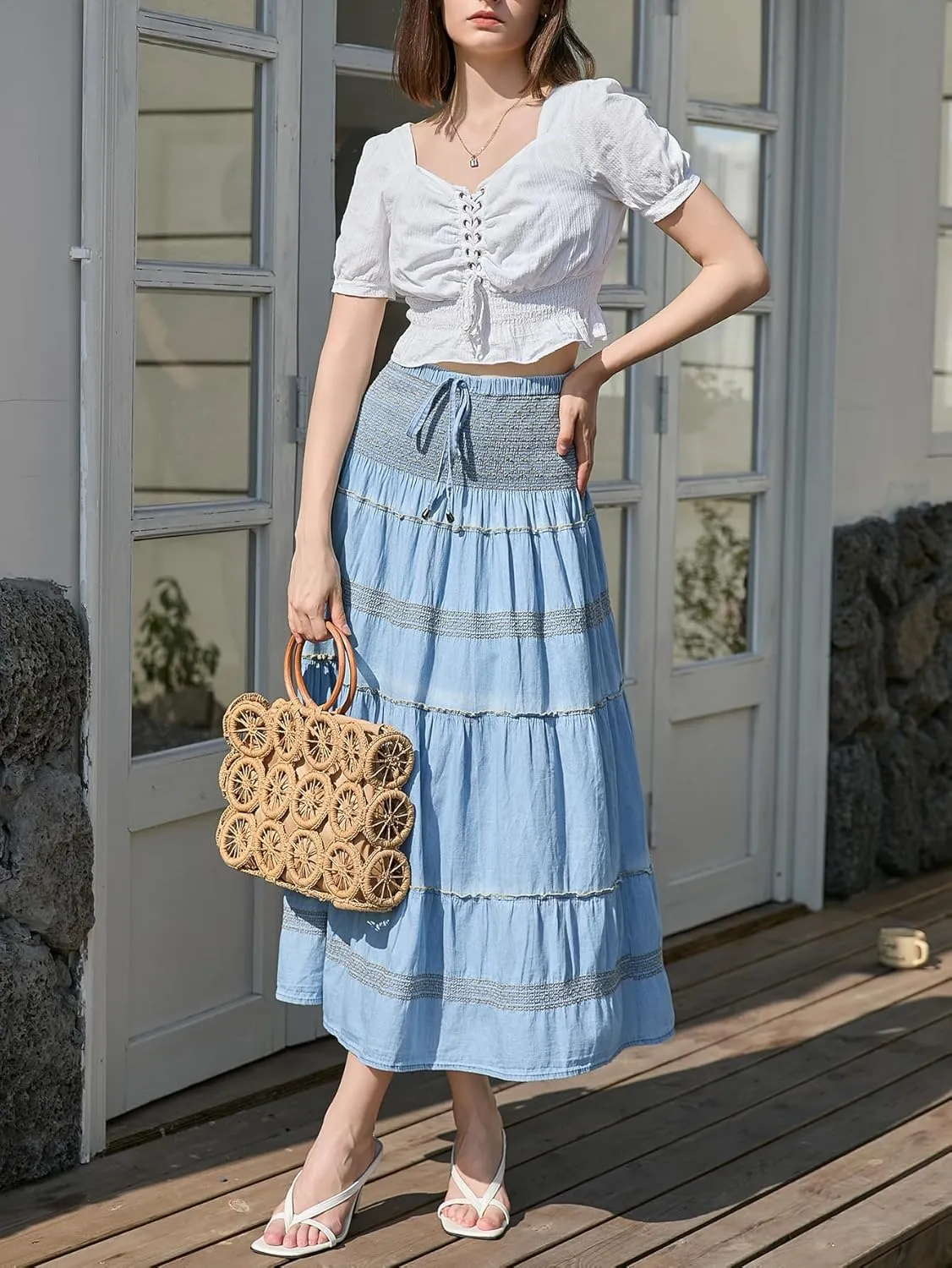 DREFBUFY Maxi Skirt Womens High Waist Pleated Tiered Long Skirts Denim Casual Style Midi Dress for Women