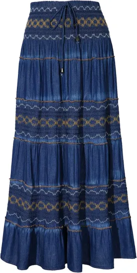 DREFBUFY Maxi Skirt Womens High Waist Pleated Tiered Long Skirts Denim Casual Style Midi Dress for Women