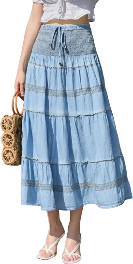 DREFBUFY Maxi Skirt Womens High Waist Pleated Tiered Long Skirts Denim Casual Style Midi Dress for Women