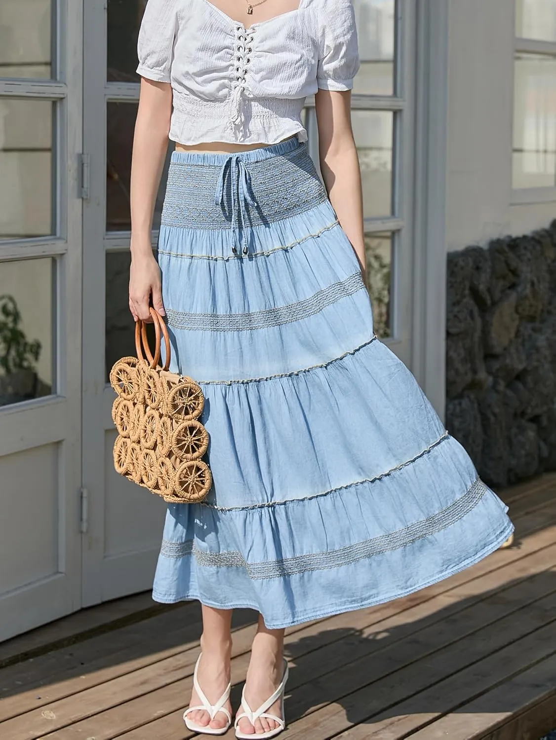 DREFBUFY Maxi Skirt Womens High Waist Pleated Tiered Long Skirts Denim Casual Style Midi Dress for Women
