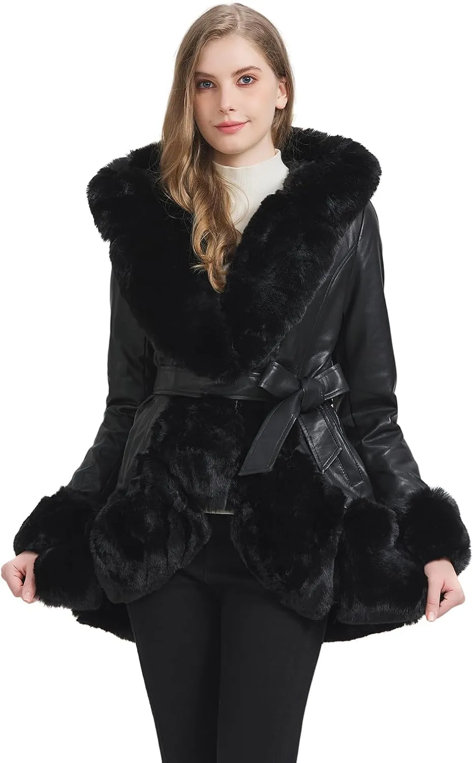 Faux Leather Jacket for Women with Faux Fur Collar Long Sleeve Parka with Pockets Warm Winter Coat with Belt