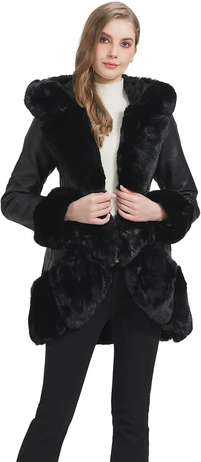 Faux Leather Jacket for Women with Faux Fur Collar Long Sleeve Parka with Pockets Warm Winter Coat with Belt