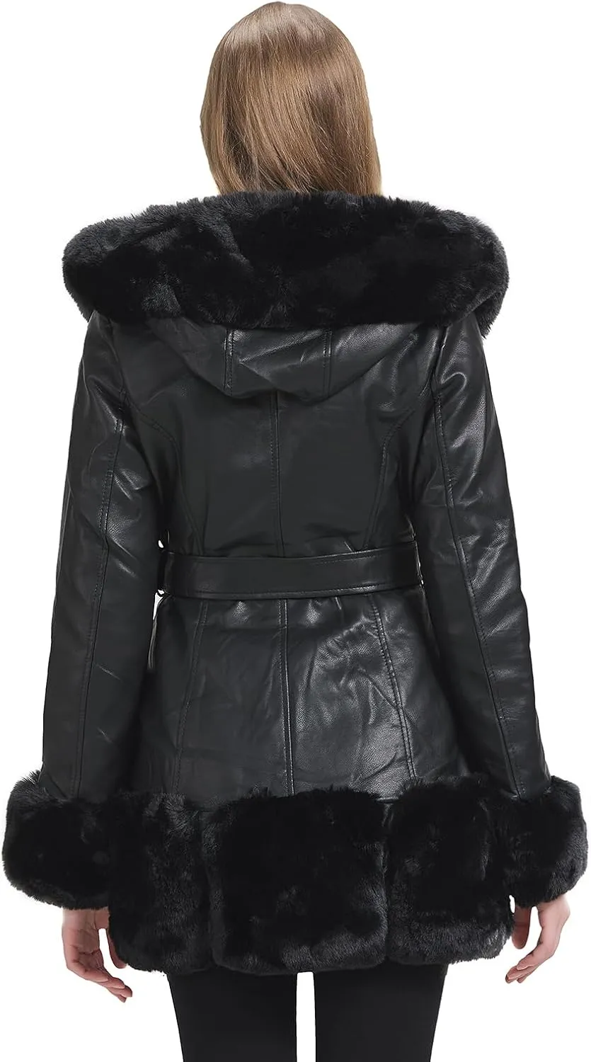 Faux Leather Jacket for Women with Faux Fur Collar Long Sleeve Parka with Pockets Warm Winter Coat with Belt
