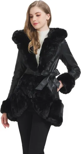 Faux Leather Jacket for Women with Faux Fur Collar Long Sleeve Parka with Pockets Warm Winter Coat with Belt