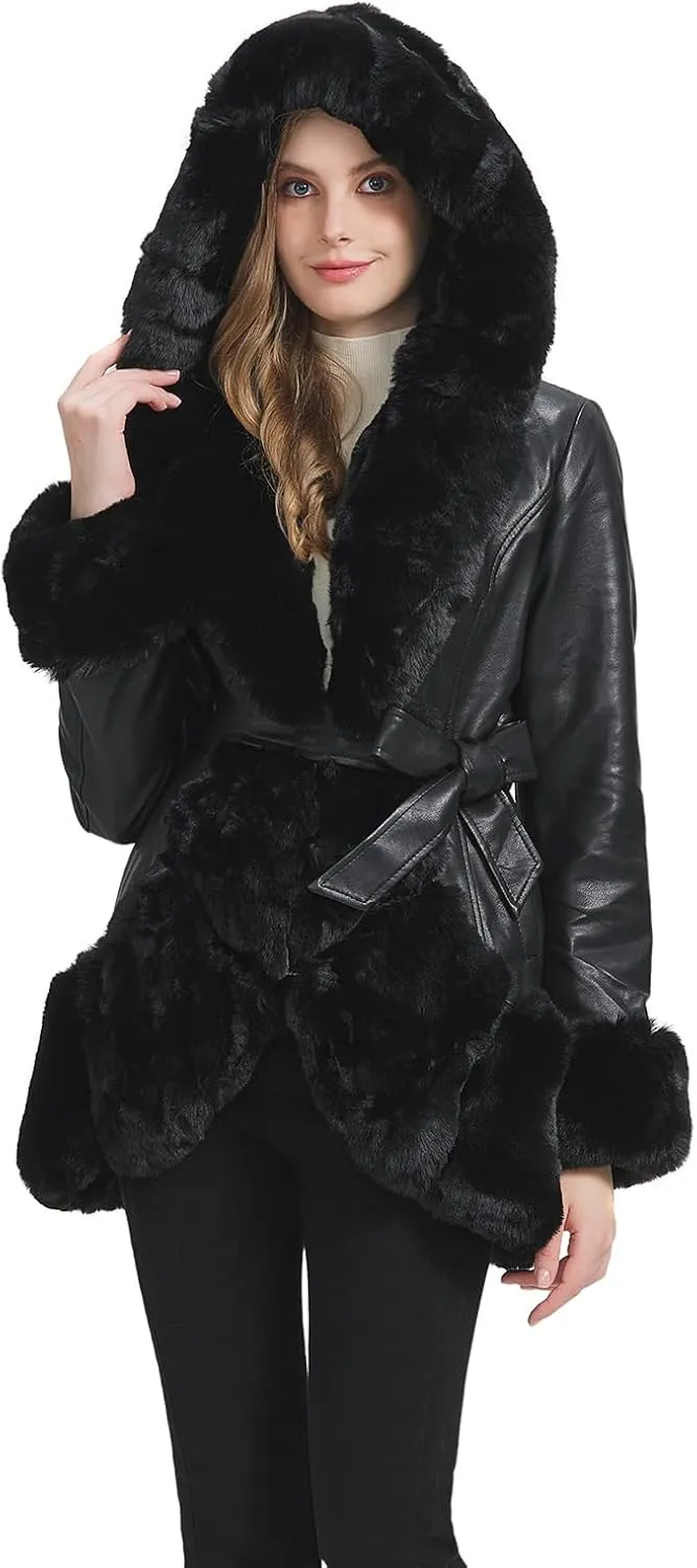 Faux Leather Jacket for Women with Faux Fur Collar Long Sleeve Parka with Pockets Warm Winter Coat with Belt