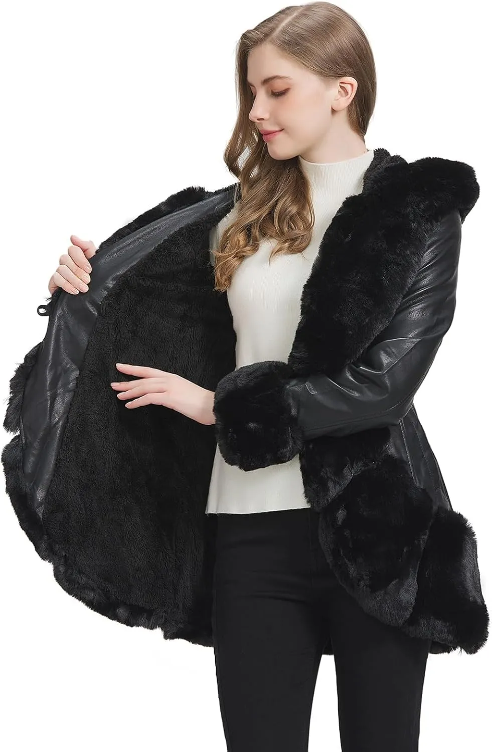 Faux Leather Jacket for Women with Faux Fur Collar Long Sleeve Parka with Pockets Warm Winter Coat with Belt