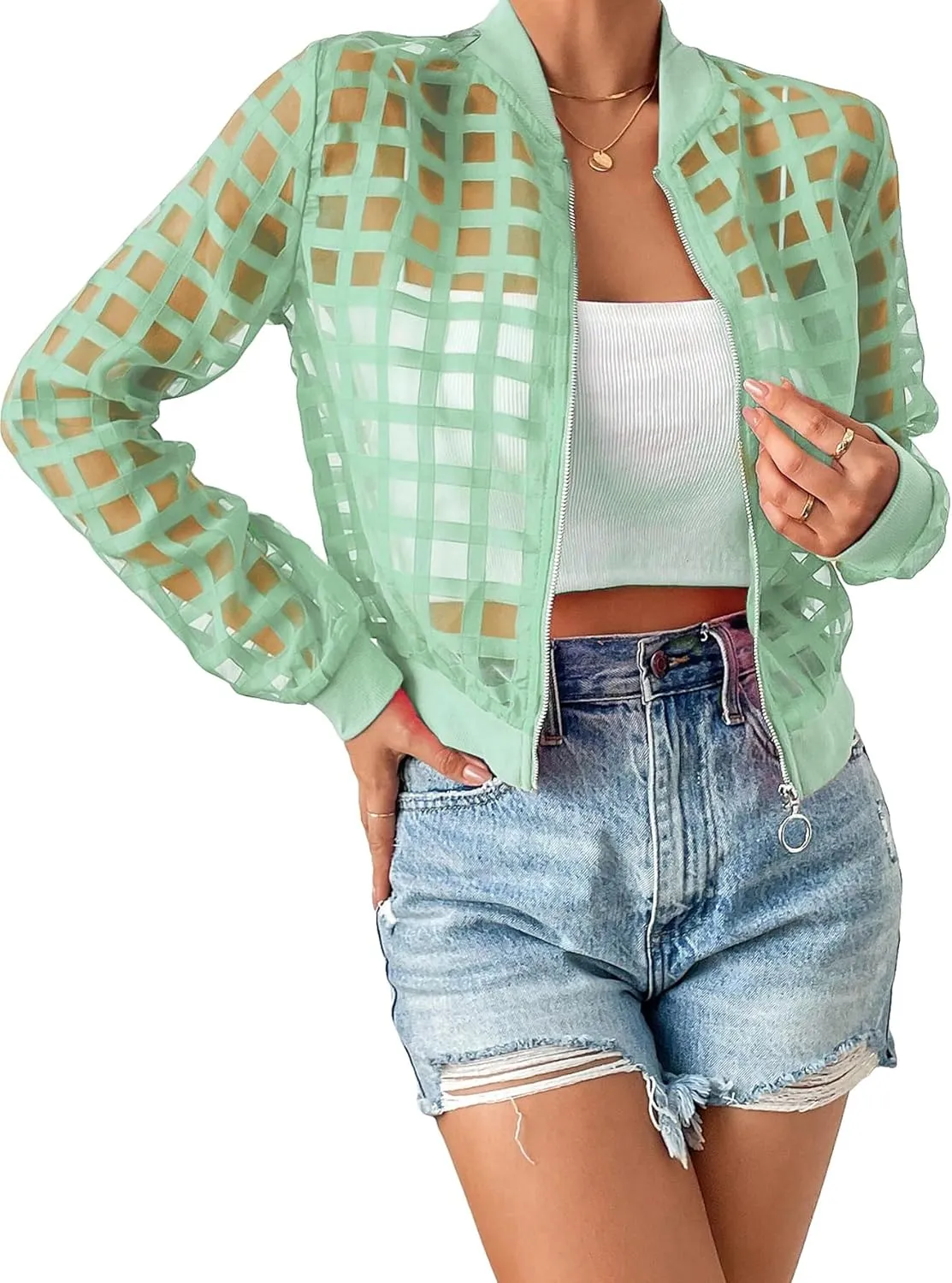 Floerns Women's Hollow Out Long Sleeve Baseball Collar Zip Up Bomber Jacket