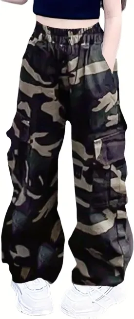 Girls Cargo Pants Elastic Waist Drawstring with Pockets Pants, 6-14 Years