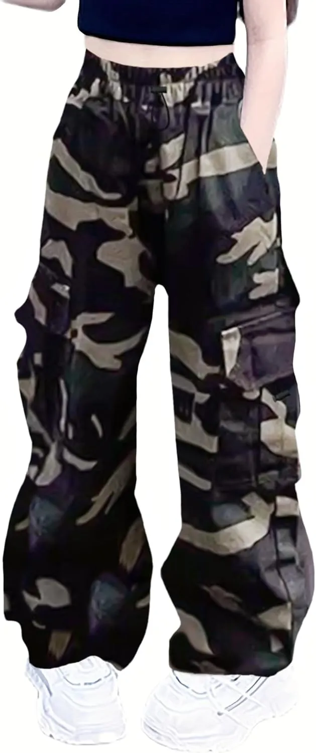 Girls Cargo Pants Elastic Waist Drawstring with Pockets Pants, 6-14 Years
