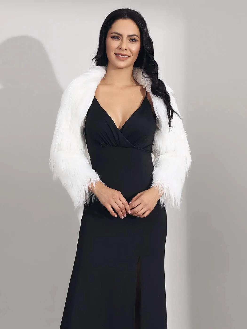 GORAIS Womens Faux Fur Bolero Jacket for Evening Dresses Fur Coat Long Sleeve Cropped Shrug for Bride