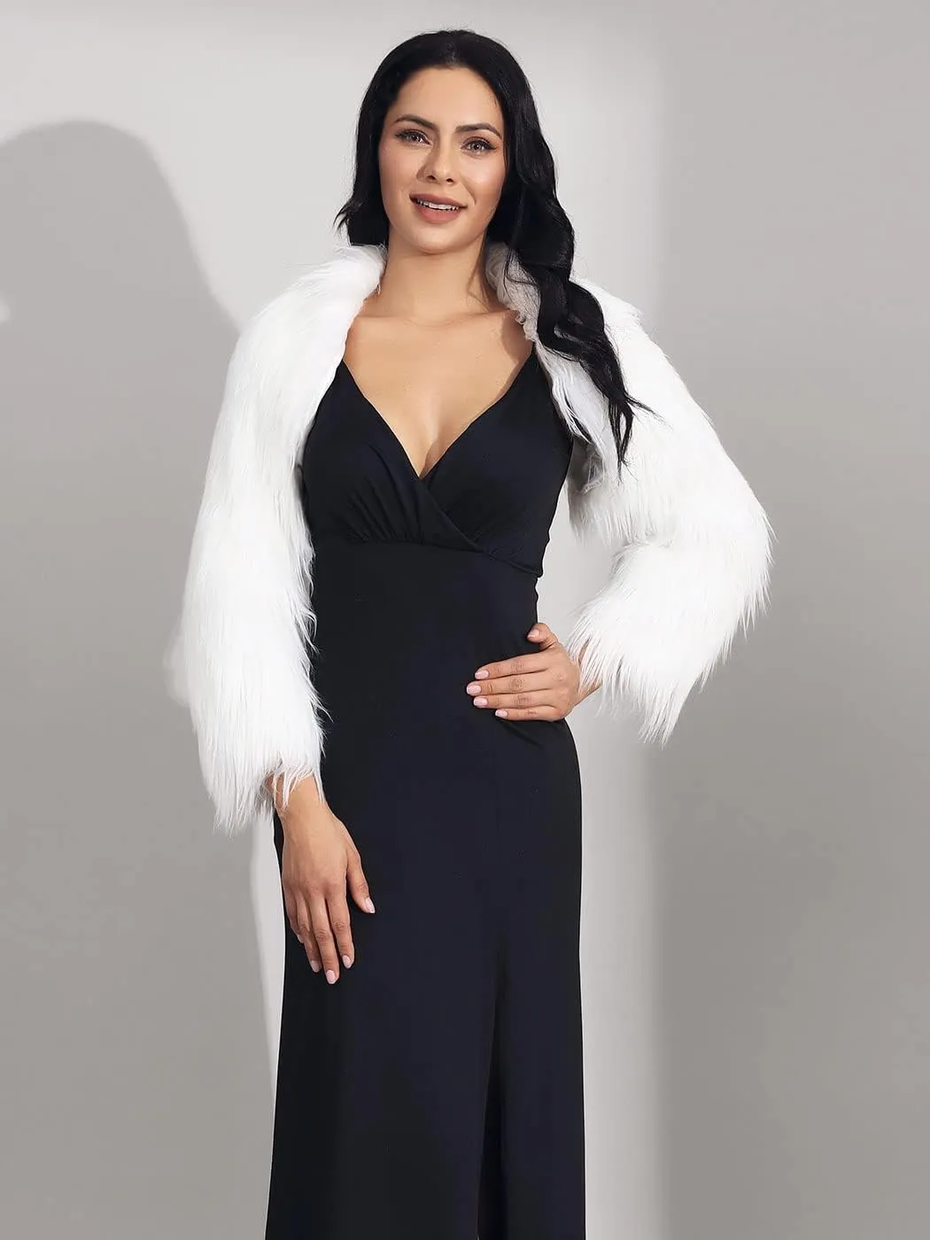 GORAIS Womens Faux Fur Bolero Jacket for Evening Dresses Fur Coat Long Sleeve Cropped Shrug for Bride