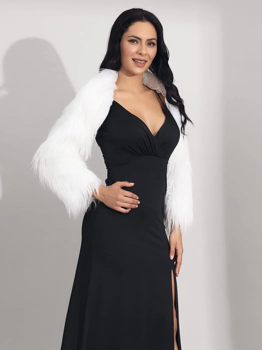 GORAIS Womens Faux Fur Bolero Jacket for Evening Dresses Fur Coat Long Sleeve Cropped Shrug for Bride
