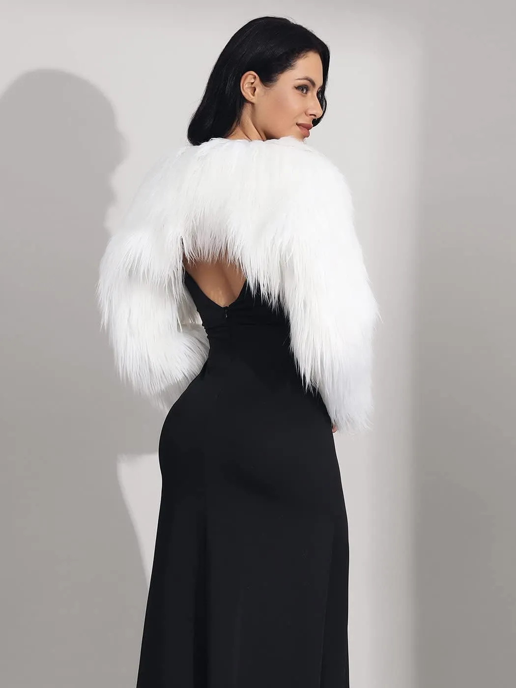 GORAIS Womens Faux Fur Bolero Jacket for Evening Dresses Fur Coat Long Sleeve Cropped Shrug for Bride