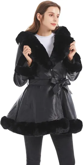 GRAN ORIENTE Women's Faux Leather Jacket with Faux Fur Collar, Winter Long Sleeve Furry Trim Peplum Parka Coat with Belt