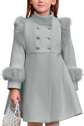 Haloumoning Toddler Girls Faux Fur Dress Coat Kids Winter Warm Jacket Long Sleeve Button Wool Coat 12 Months - 12 Years