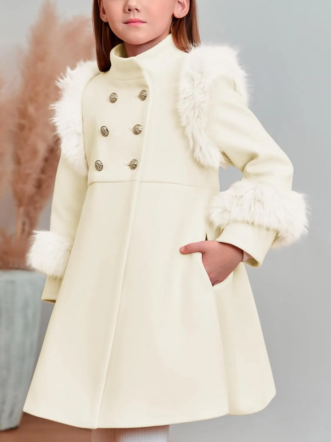 Haloumoning Toddler Girls Faux Fur Dress Coat Kids Winter Warm Jacket Long Sleeve Button Wool Coat 12 Months - 12 Years
