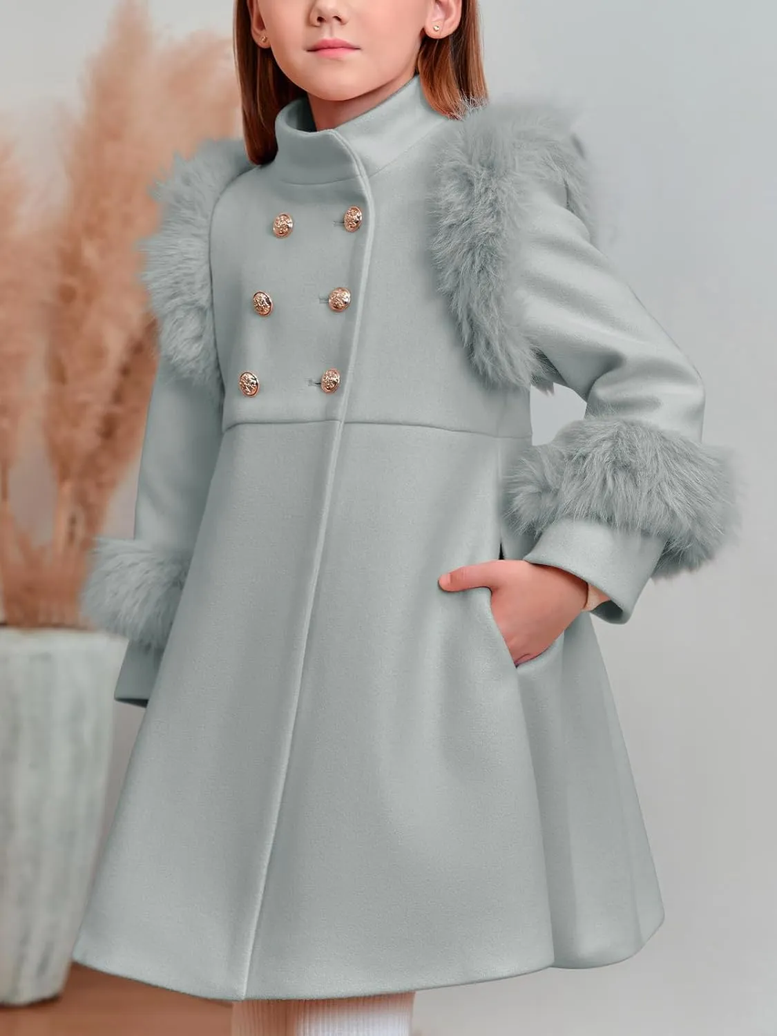 Haloumoning Toddler Girls Faux Fur Dress Coat Kids Winter Warm Jacket Long Sleeve Button Wool Coat 12 Months - 12 Years
