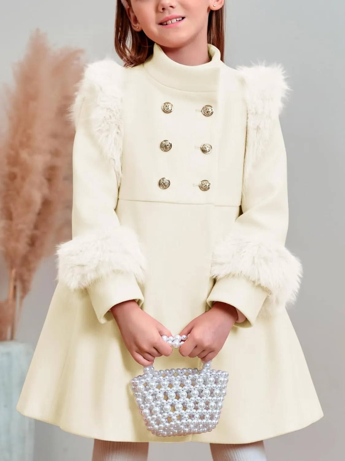 Haloumoning Toddler Girls Faux Fur Dress Coat Kids Winter Warm Jacket Long Sleeve Button Wool Coat 12 Months - 12 Years