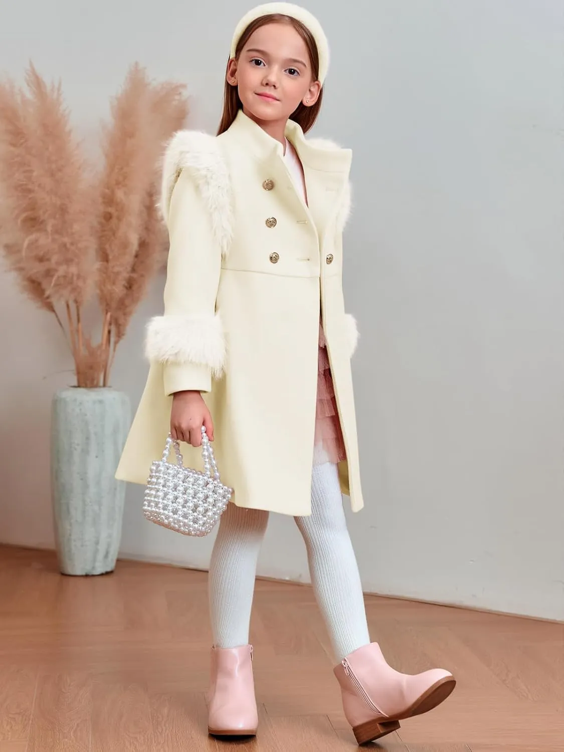 Haloumoning Toddler Girls Faux Fur Dress Coat Kids Winter Warm Jacket Long Sleeve Button Wool Coat 12 Months - 12 Years