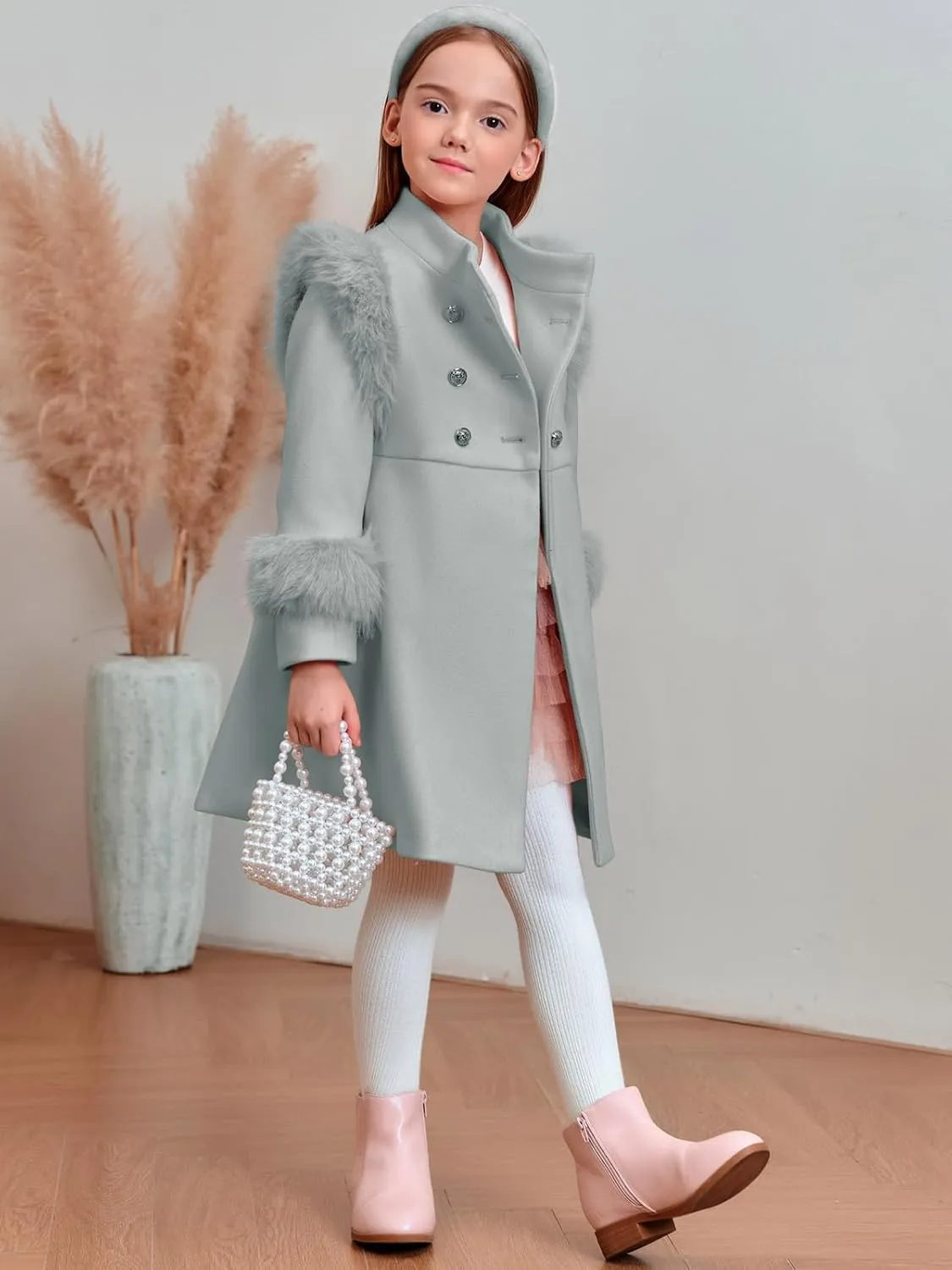 Haloumoning Toddler Girls Faux Fur Dress Coat Kids Winter Warm Jacket Long Sleeve Button Wool Coat 12 Months - 12 Years