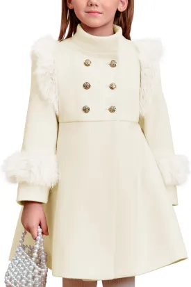 Haloumoning Toddler Girls Faux Fur Dress Coat Kids Winter Warm Jacket Long Sleeve Button Wool Coat 12 Months - 12 Years