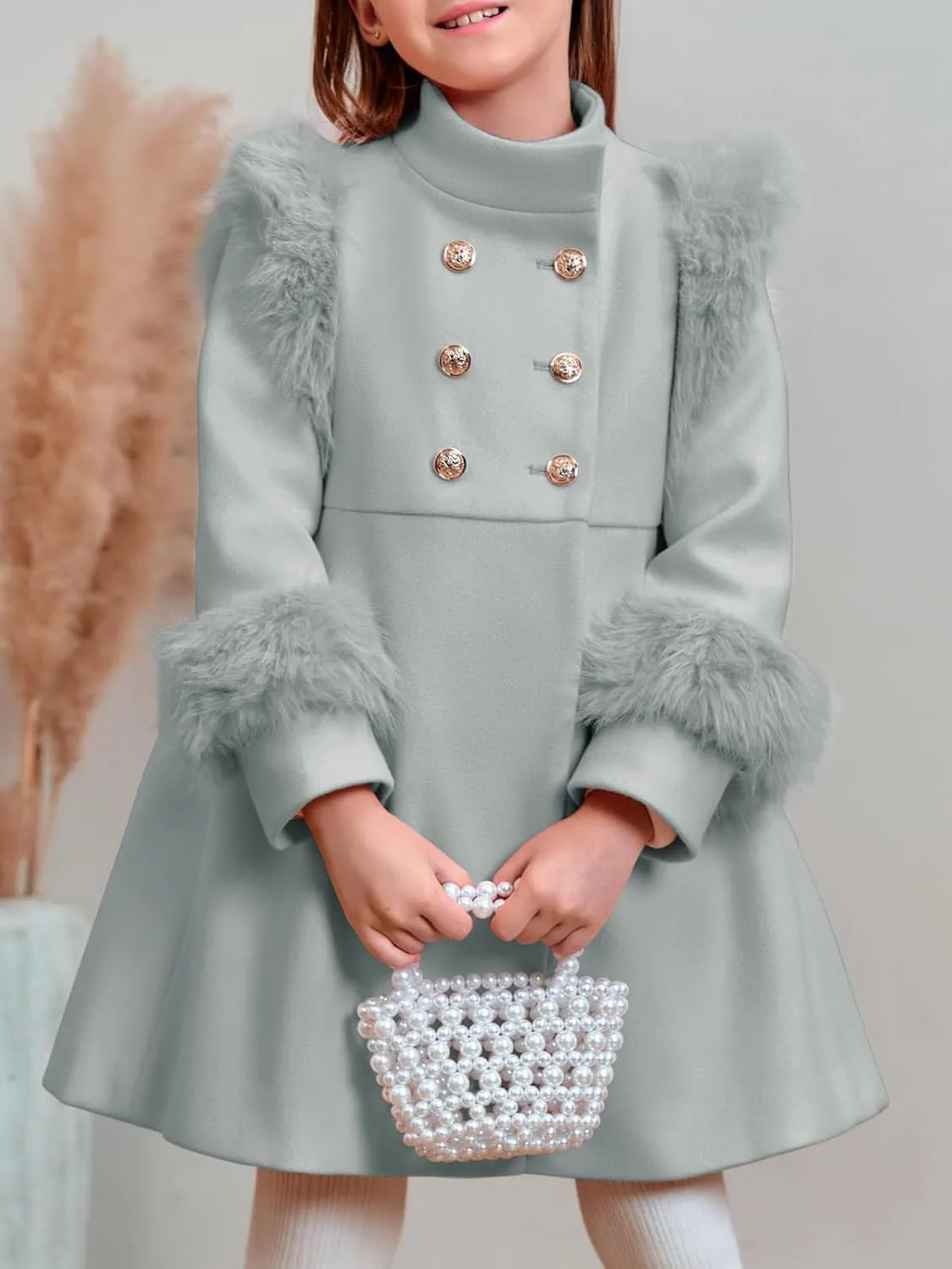 Haloumoning Toddler Girls Faux Fur Dress Coat Kids Winter Warm Jacket Long Sleeve Button Wool Coat 12 Months - 12 Years
