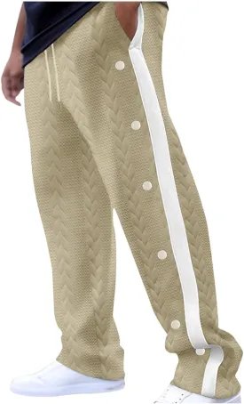 hlysgo Mens Jacquard Sweatpants Casual Loose Fit Side Button Trim Wide Leg Straight Pants Color Block Drawstring Joggers