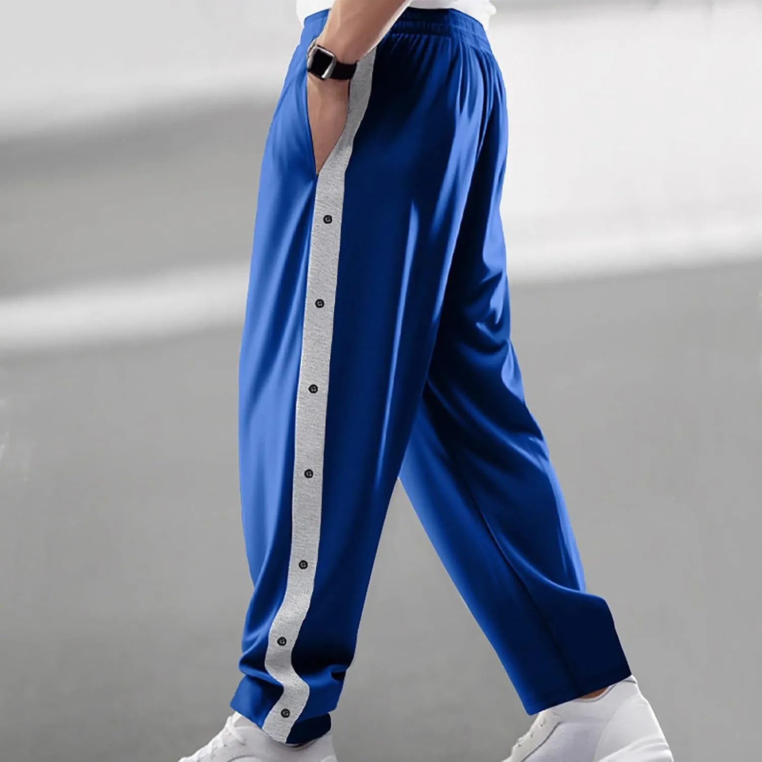 hlysgo Mens Jacquard Sweatpants Casual Loose Fit Side Button Trim Wide Leg Straight Pants Color Block Drawstring Joggers