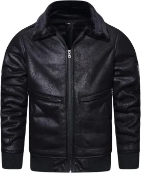 HOOD CREW Mens Faux Fur Leather Jacket Autumn Winter Fleece Lined Coat Vintage Bomber Jacket