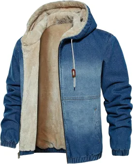 HOOD CREW Mens Winter Jacket Thick Faux Fleece Lined Coat Fashion Denim Jackets with Hood