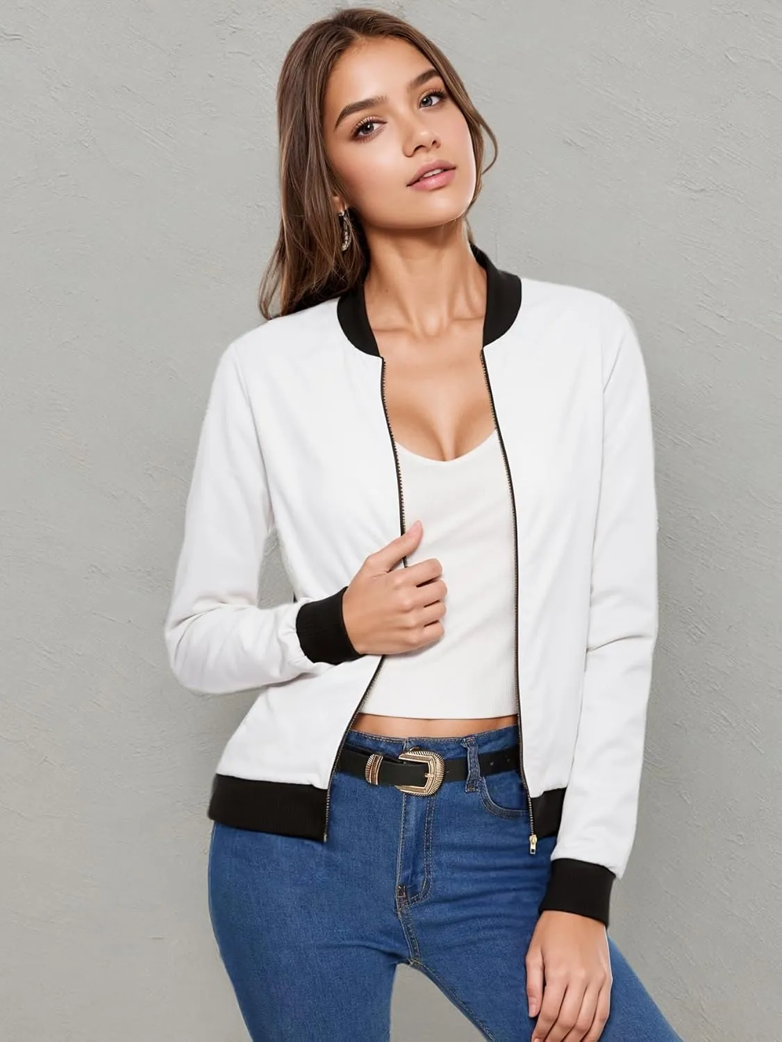 Hybrid & Company Women's Fashion Color Casual Office Comfy Zip Up Bomber Jacket Made in USA