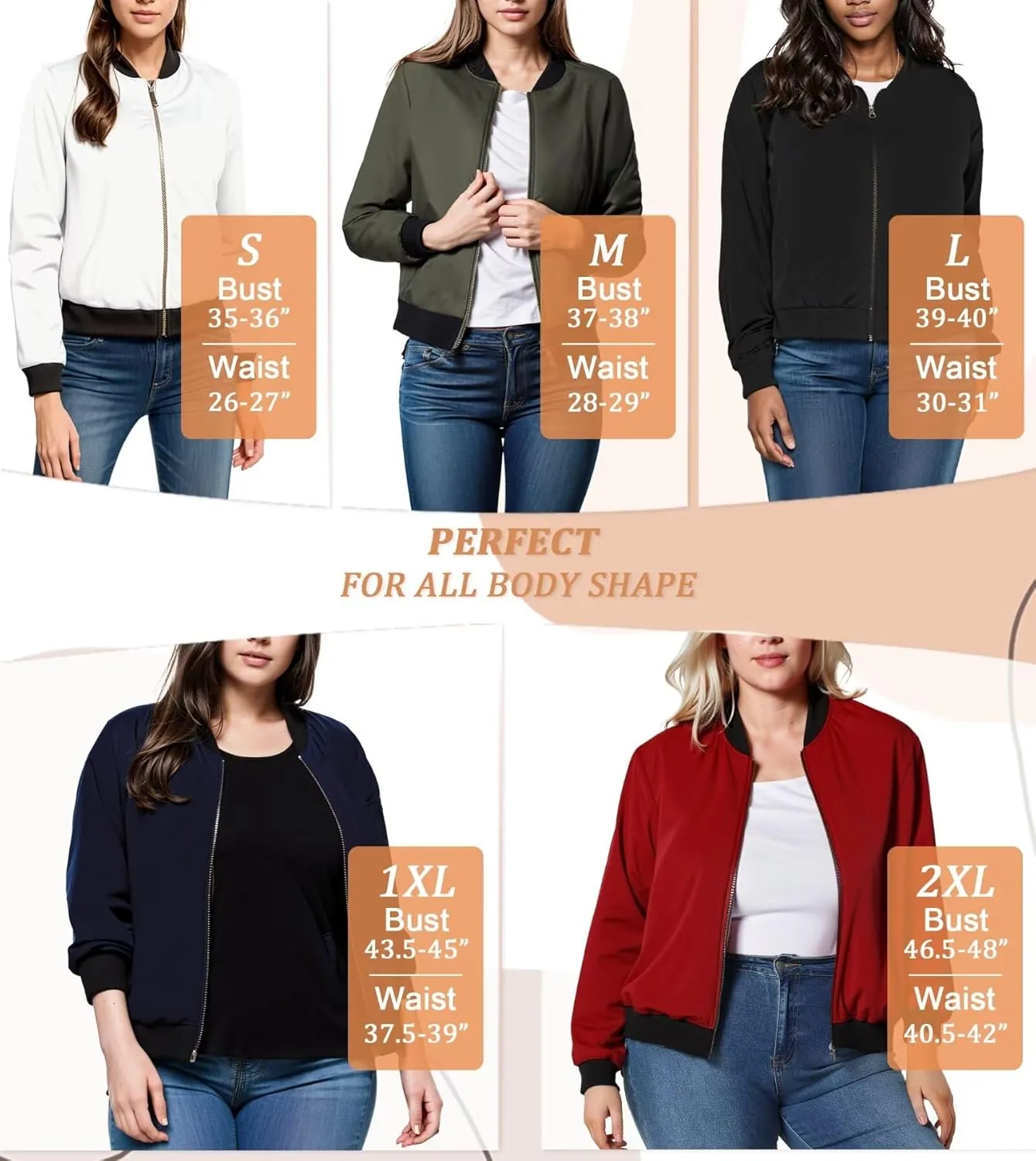 Hybrid & Company Women's Fashion Color Casual Office Comfy Zip Up Bomber Jacket Made in USA