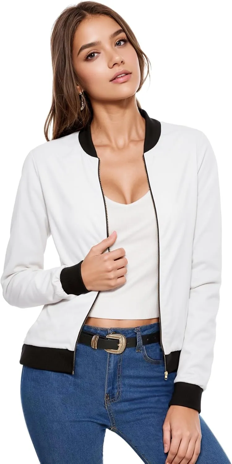 Hybrid & Company Women's Fashion Color Casual Office Comfy Zip Up Bomber Jacket Made in USA