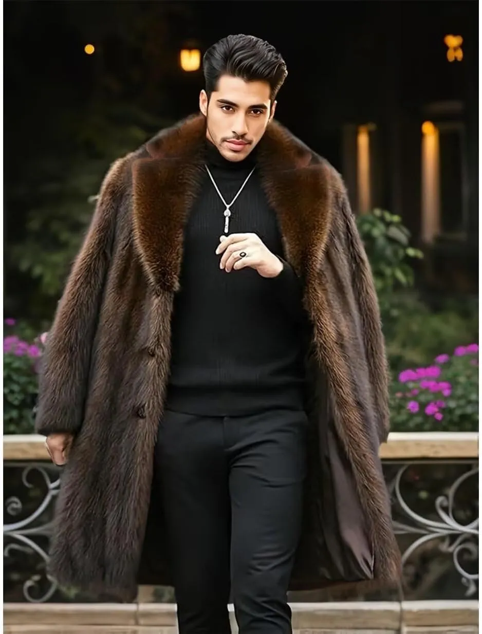 INVACHI Men's Faux Fur Coat Winter Long Faux Mink Coat Fluffy Thick Trench Coat for Men