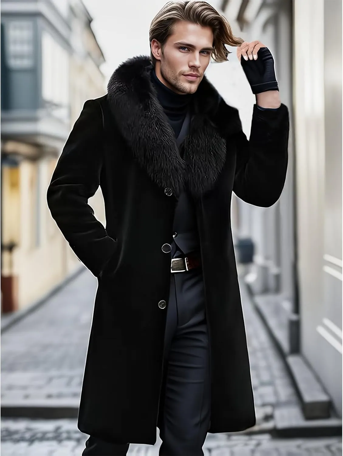 INVACHI Men's Faux Fur Coat Winter Long Faux Mink Coat Fluffy Thick Trench Coat for Men
